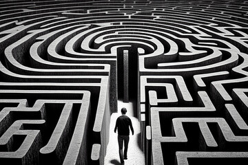 Man in maze is looking for way out. Concept of finding right solutions in life. Figure of man in labirynth with high walls. Created with Generative AI