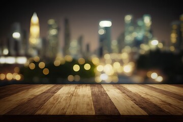 empty wooden table top with beautiful blurry skyscrapers at evening on background, mock up. generati