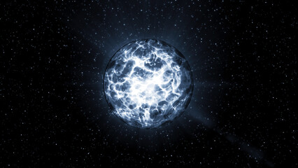 Poster - Bright glowing ball with liquid shimmer. Motion. Energy plasma flickers brightly in 3D ball. Shimmering ball of energy in outer space with particles