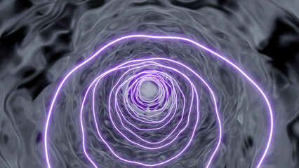 Poster - Gray waves in animation. Design.Purple circles with illumination that create a tunnel deep into the light end.
