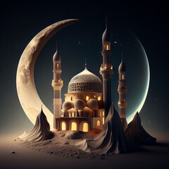 Ramadan mosque and palm tree and moon Generative AI