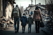 Generative AI illustration of a family of refugees and displaced by war or a natural disaster walking through the streets of a destroyed city