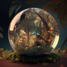 Quaint Magical Fantasy Forest With Bluebird Inside A Crystal Ball. [Fantasy, Historic, Storybook Scene. Graphic Novel, Video Game, Or Comic Illustration.]