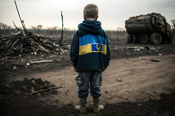 Generative AI illustration of a Ukrainian boy carrying the flag of Ukraine and the European Union on his back in a field destroyed by war