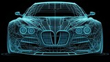 Fototapeta  - 3d generic car wireframe with black background, Frontside Futuristic AR car wireframe concept, generative ai, Augmented reality wireframe of car concept with blue background, Front view car wireframe
