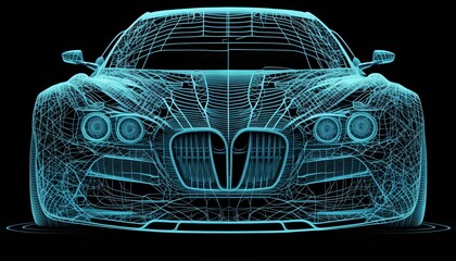 3d generic car wireframe with black background, Frontside Futuristic AR car wireframe concept, generative ai, Augmented reality wireframe of car concept with blue background, Front view car wireframe
