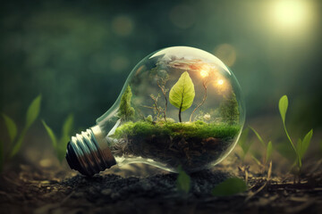 Wall Mural - light bulb in nature with leaf inside. ecology and environmental protection. green energy and renewa