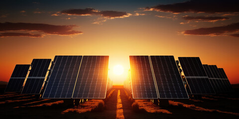 Wall Mural - many solar panels at sunset. generative ai