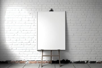 Canvas Print - Mock up poster in white interior. Empty blank canvas leaning against a brick wall. Poster template. Generative AI