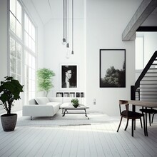 Entrance Hall In The Style Of Architectural Post-modernism, With White Wallpaper. Wall Paintings, Luxurious Interior, Dark Shades, High Resolution, Illustrations, Art. AI