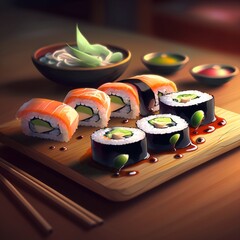 A set of Japanese rolls with salmon with drops of sauce on the background of a wooden plank. Japanese cuisine, sushi, sashimi, fresh fish, nori seaweed, high resolution, illustrations, art. AI