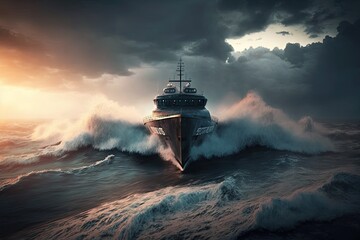 Wall Mural - A modern scientific boat on a stormy sea. Generative AI.