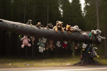 Wall Mural - A lot of bear soft toys hanging on a broken tree. Generative AI.