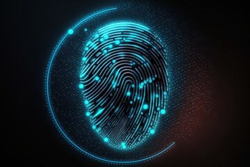 biometrics identification and cyber security concept. glowing neon fingerprint on dark background. g