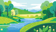 © Jawad - Spring or summer landscape with field, green hills, river and forest. Vector illustration in trendy flat simple style. Background for banner, greeting card or poster