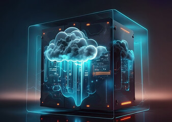 Poster - Cloud storage. A digital service or data application. Technologies of network computing. Futuristic server. digital space. Data storage. Generative AI.