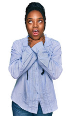 Sticker - Young african american woman wearing casual clothes shouting and suffocate because painful strangle. health problem. asphyxiate and suicide concept.