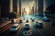 Smart cars with automatic sensor driving on metropolis with wireless connection. Generative AI.