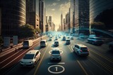 Fototapeta  - Smart cars with automatic sensor driving on metropolis with wireless connection. Generative AI.