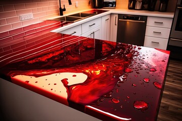 Wall Mural - Red epoxy resin kitchen countertops. Generative AI.