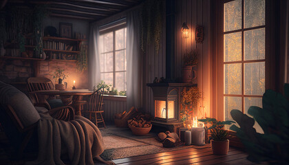 A cozy romantic cabin in a lush forest with a warm fire, wooden furniture, lit by soft candlelight.  #1