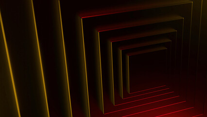 Poster - Animation with moving squares and neon light. Design. Moving 3d pyramid of squares and neon lines. Illusion of rotating neon light with shadows on square pyramid