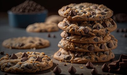 Poster -  a stack of cookies with chocolate chips on top of it.  generative ai