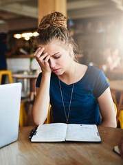Poster - Theres just no shortcut for knowing the material. Cropped shot of a young student looking stressed while studying in a cafe.