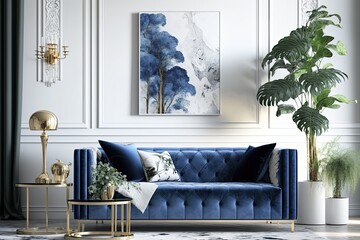 a modern living room interior of a luxurious hotel apartment with a designer couch, and art decorati