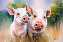 Watercolor Drawing Of Small Pigs On A Pasture Farm. Generative AI.