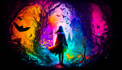 Wall Mural - Woman standing in the middle of colorful forest. Fantasy. Generative AI.