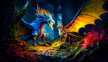 Two Colorful Dragon Fighting In The Woods. Fantasy. Generative AI.
