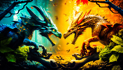 Two dragon fighting in the woods with each other. Fantasy. Generative AI.