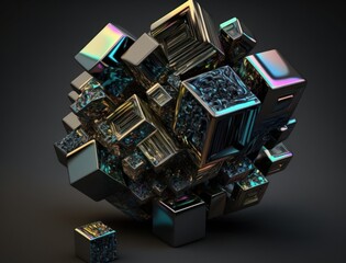 Wall Mural - Colorful shiny rainbow Bismuth Gemstone cubes dark background created with Generative AI technology