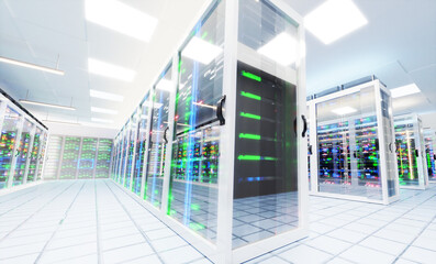  Big Modern server room, data centre or mining farm interior with beautiful neon lights reflections. 3D rendering illustration