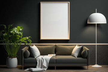 Canvas Print - Mockup poster frame in modern living room interior design with dark empty wall. Generative AI