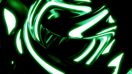 Poster - Rotating neon lines. Design. A ball on a black background created from luminous white and green lines in animation.