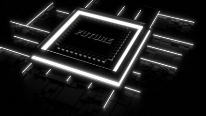 Poster - Futuristic chip with moving neon energy lines. Design. Chip with word future starts computer. New futuristic computer-style board with neon lines