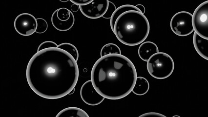Poster - Black background. Design. Large white bubbles in animation on a dark background scatter in different directions.