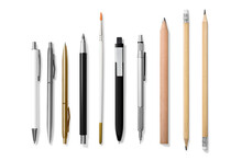 Collection Of Various Pens, Pencils, Mechanical Pencils, Brushes And Markers  Isolated On A Transparent Background, PNG. High Resolution.
