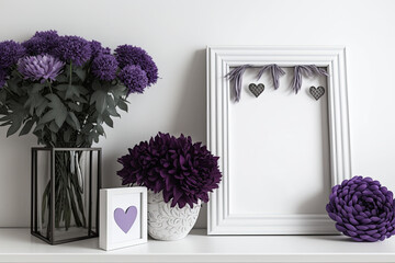 Canvas Print - Black mock frame with purple mum flowers, hearts, and décor. Decorations for Mother's Day. White wall with a white shelf. Copy space. Generative AI