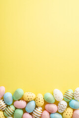 Wall Mural - Easter concept. Top view vertical photo of colorful easter eggs on isolated yellow background with empty space