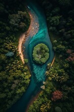 A Drone Photo Captures The Lush Greenery Of The Jungle, With A Winding River Cutting Through The Dense Foliage. The Tranquil Water Offers A Glimpse Of Serenity Amidst The Wild Surroundings.