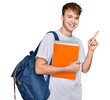 © Krakenimages.com - Young caucasian man wearing student backpack and holding books surprised with an idea or question pointing finger with happy face, number one