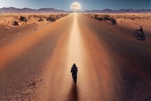 Biker Standing On Big Trail Bike Crossing Desert In Argentina Chile Bolivia. Generative AI