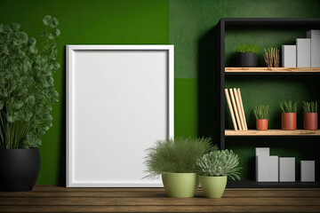 Sticker - Interior wooden frame mockup on shelf behind the green wall. Generative AI