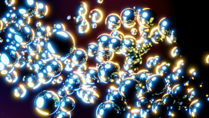 Poster - Moving stream of glowing bubbles on dark background. Design. Bright glowing bubbles move in stream. Diagonal flow of moving 3d bubbles with neon glow