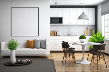 Modern design living dining room and kitchen interior with two empty white framed mockup poster on wall, sofa, table, carpet flooring. Concept Mock up. Generative AI