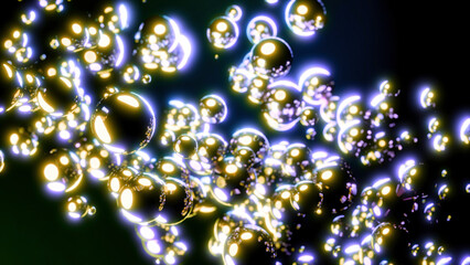 Poster - Moving stream of glowing bubbles on dark background. Design. Bright glowing bubbles move in stream. Diagonal flow of moving 3d bubbles with neon glow