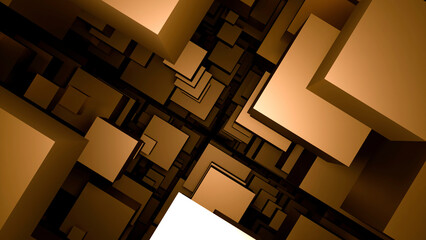 Poster - Gray and orange background. Design. Squares of different sizes that make up the corridor in animation with bright light.